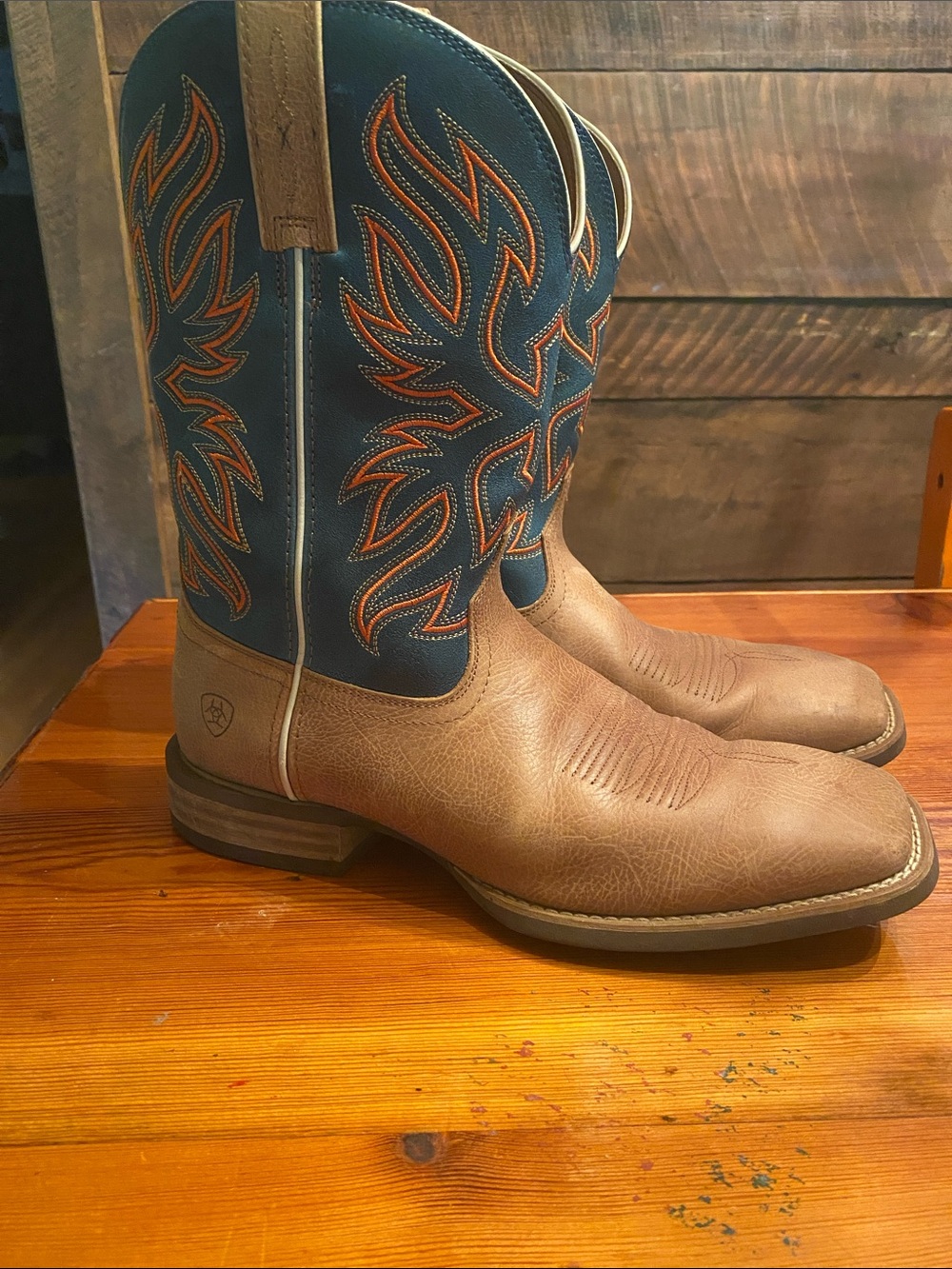 Ariat Brown Leather Cowboy Boots with Blue Embroidered Shaft